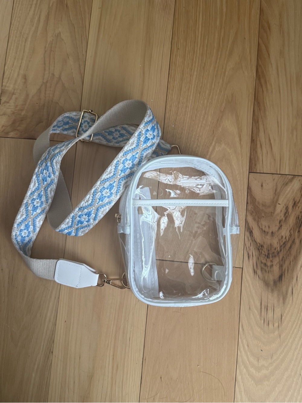 Clear Stadium Crossbody Bag with Blue Patterned Strap